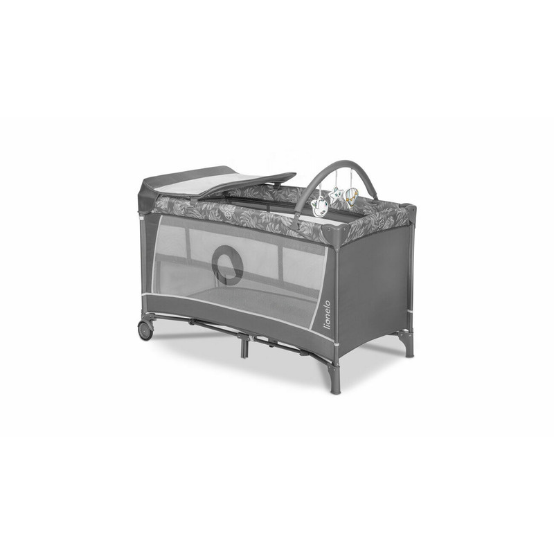 Lionelo - Patut pliant cu doua nivele Flower , Cu arcada, Geanta transport, Masuta de infasat, Bara cu jucarii, Fereastra laterala, 120x60 cm, Conform cu standardele europeane de securitate EN 716 si EN12221, Gri