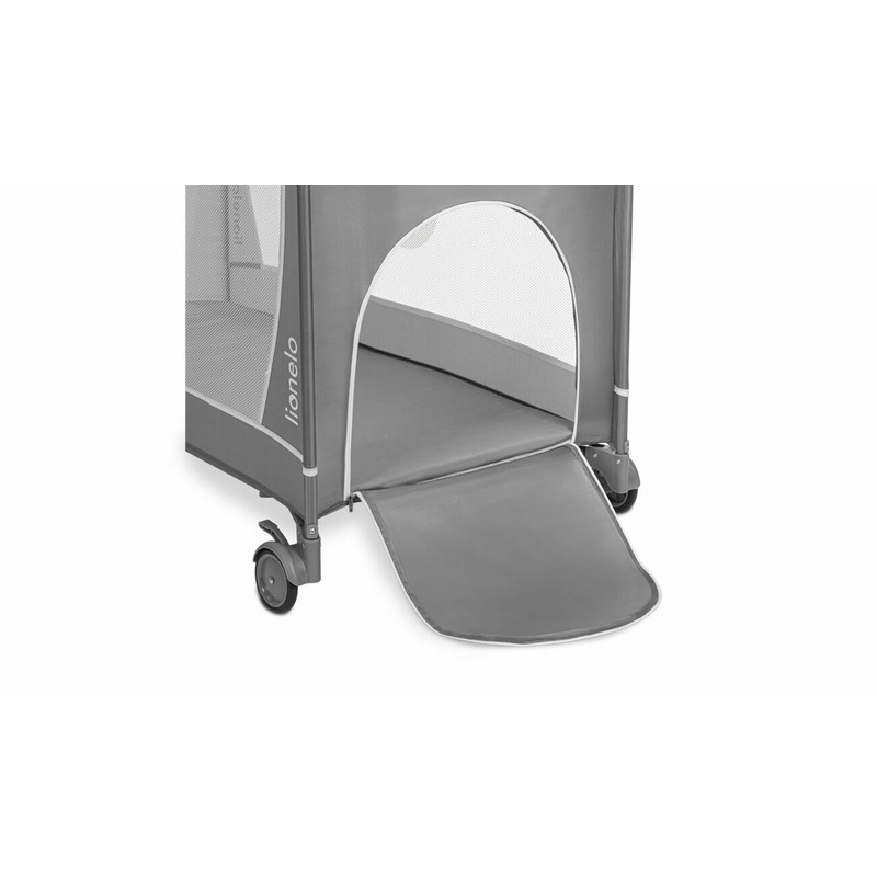Lionelo - Patut pliant cu doua nivele Flower , Cu arcada, Geanta transport, Masuta de infasat, Bara cu jucarii, Fereastra laterala, 120x60 cm, Conform cu standardele europeane de securitate EN 716 si EN12221, Gri