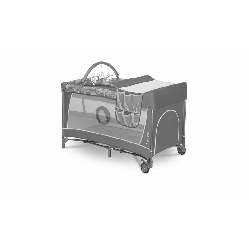 Lionelo - Patut pliant cu doua nivele Flower , Cu arcada, Geanta transport, Masuta de infasat, Bara cu jucarii, Fereastra laterala, 120x60 cm, Conform cu standardele europeane de securitate EN 716 si EN12221, Gri