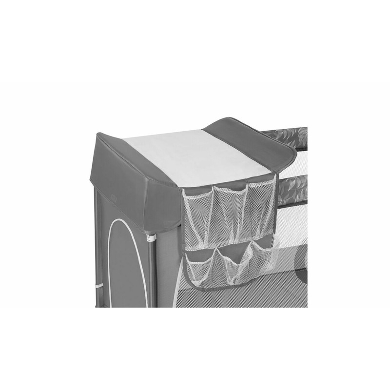 Lionelo - Patut pliant cu doua nivele Flower , Cu arcada, Geanta transport, Masuta de infasat, Bara cu jucarii, Fereastra laterala, 120x60 cm, Conform cu standardele europeane de securitate EN 716 si EN12221, Gri