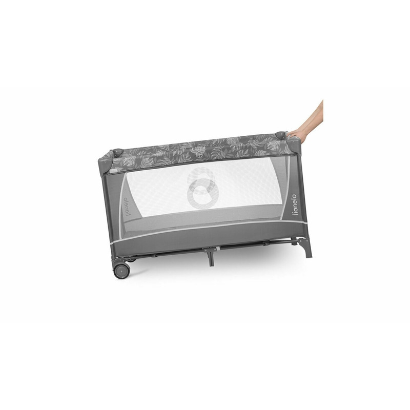 Lionelo - Patut pliant cu doua nivele Flower , Cu arcada, Geanta transport, Masuta de infasat, Bara cu jucarii, Fereastra laterala, 120x60 cm, Conform cu standardele europeane de securitate EN 716 si EN12221, Gri