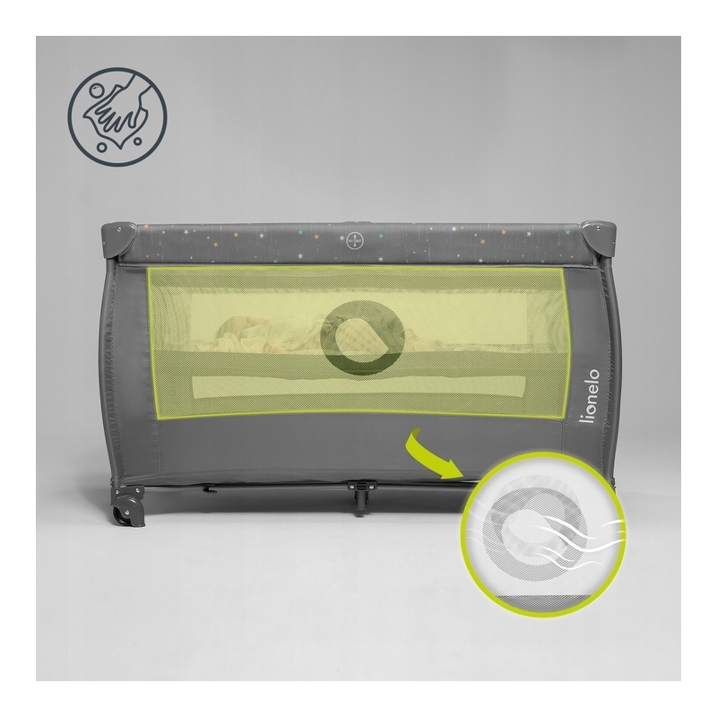 Lionelo - Patut pliant cu doua nivele, Stefi Plus, Cu intrare laterala cu fermoar, 2 roti, 120 x 60 cm, Conform cu standardul european de securitate EN 716, Gri/ Multicolor