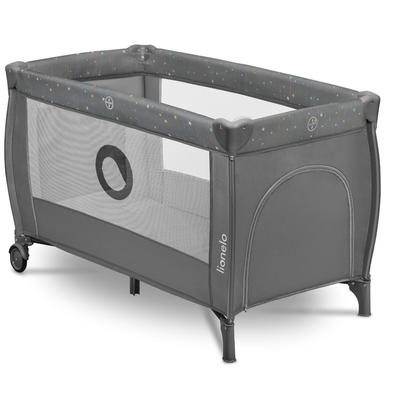 Lionelo - Patut pliant cu doua nivele, Stefi Plus, Cu intrare laterala cu fermoar, 2 roti, 120 x 60 cm, Conform cu standardul european de securitate EN 716, Gri/ Multicolor