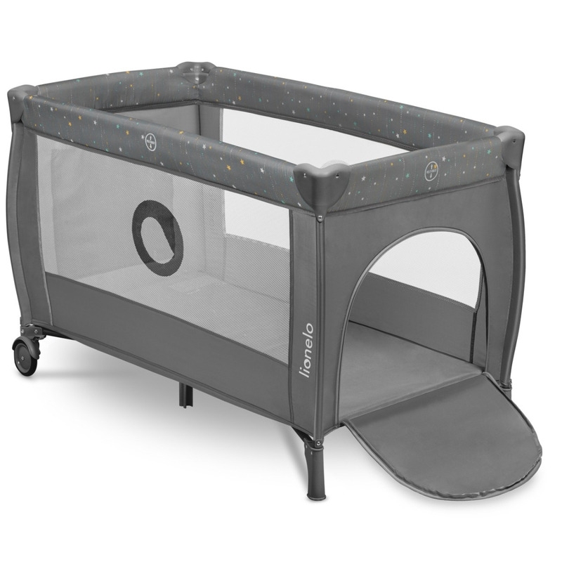 Lionelo - Patut pliant cu doua nivele, Stefi Plus, Cu intrare laterala cu fermoar, 2 roti, 120 x 60 cm, Conform cu standardul european de securitate EN 716, Gri/ Multicolor