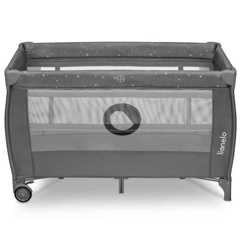 Lionelo - Patut pliant cu doua nivele, Stefi Plus, Cu intrare laterala cu fermoar, 2 roti, 120 x 60 cm, Conform cu standardul european de securitate EN 716, Gri/ Multicolor