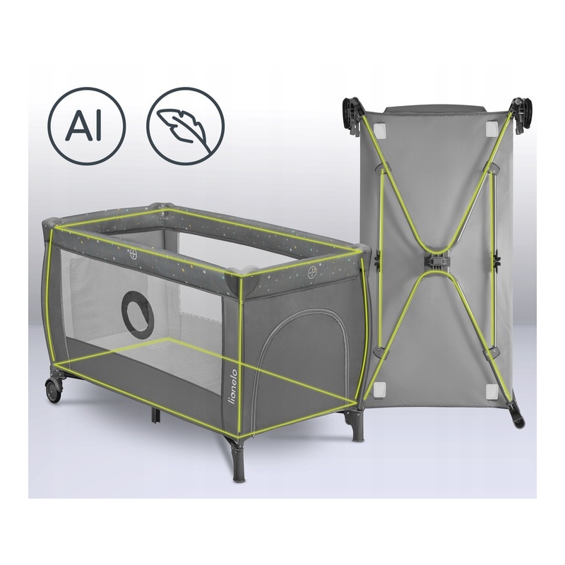 Lionelo - Patut pliant cu doua nivele, Stefi Plus, Cu intrare laterala cu fermoar, 2 roti, 120 x 60 cm, Conform cu standardul european de securitate EN 716, Gri/ Multicolor