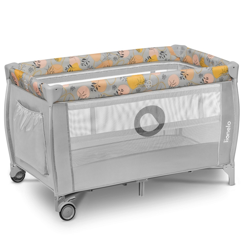 Lionelo - Patut pliant cu doua nivele, Stefi Plus, Cu intrare laterala cu fermoar, 2 roti, 120 x 60 cm, Conform cu standardul european de securitate EN 716, Roz/Galben