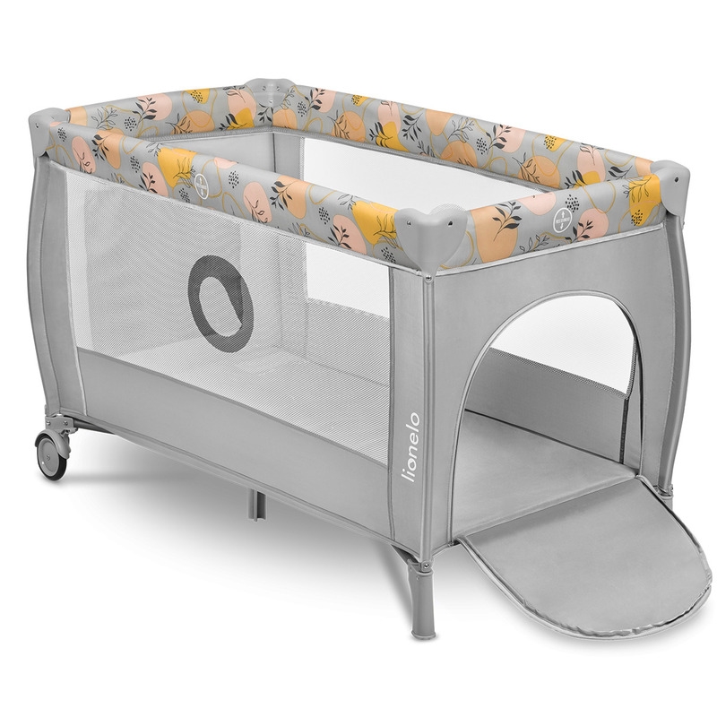 Lionelo - Patut pliant cu doua nivele, Stefi Plus, Cu intrare laterala cu fermoar, 2 roti, 120 x 60 cm, Conform cu standardul european de securitate EN 716, Roz/Galben