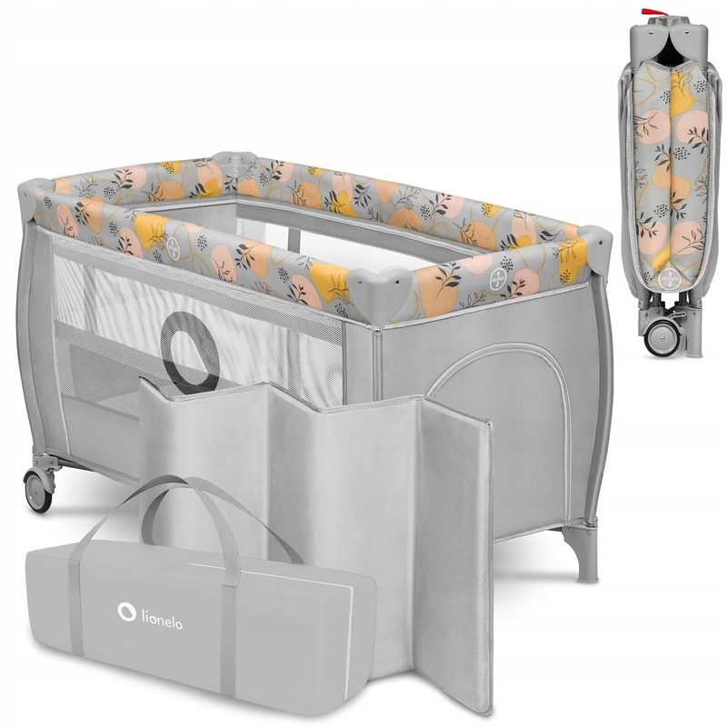 Lionelo - Patut pliant cu doua nivele, Stefi Plus, Cu intrare laterala cu fermoar, 2 roti, 120 x 60 cm, Conform cu standardul european de securitate EN 716, Roz/Galben