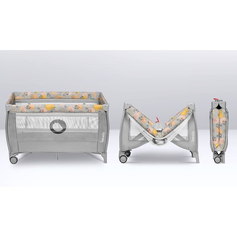 Lionelo - Patut pliant cu doua nivele, Stefi Plus, Cu intrare laterala cu fermoar, 2 roti, 120 x 60 cm, Conform cu standardul european de securitate EN 716, Roz/Galben