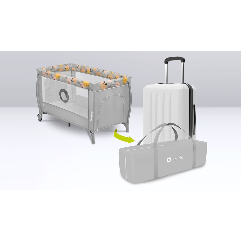 Lionelo - Patut pliant cu doua nivele, Stefi Plus, Cu intrare laterala cu fermoar, 2 roti, 120 x 60 cm, Conform cu standardul european de securitate EN 716, Roz/Galben