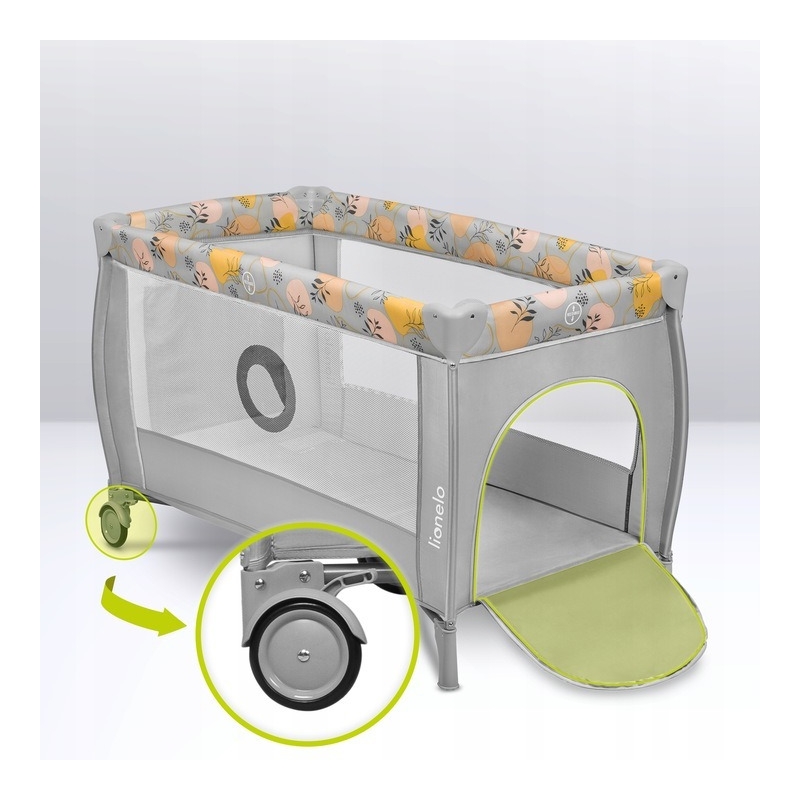 Lionelo - Patut pliant cu doua nivele, Stefi Plus, Cu intrare laterala cu fermoar, 2 roti, 120 x 60 cm, Conform cu standardul european de securitate EN 716, Roz/Galben