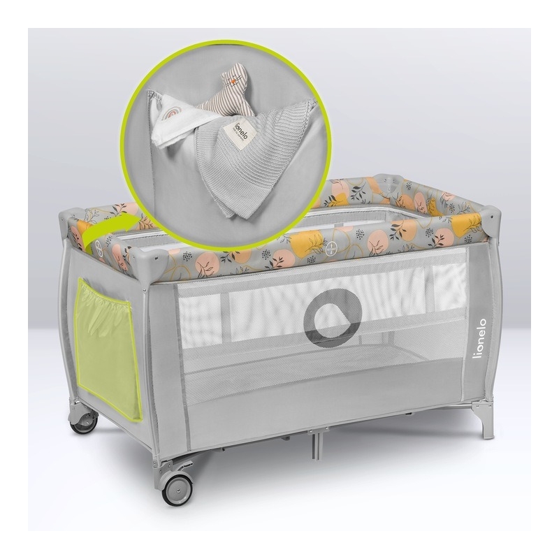 Lionelo - Patut pliant cu doua nivele, Stefi Plus, Cu intrare laterala cu fermoar, 2 roti, 120 x 60 cm, Conform cu standardul european de securitate EN 716, Roz/Galben