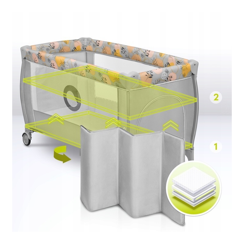 Lionelo - Patut pliant cu doua nivele, Stefi Plus, Cu intrare laterala cu fermoar, 2 roti, 120 x 60 cm, Conform cu standardul european de securitate EN 716, Roz/Galben