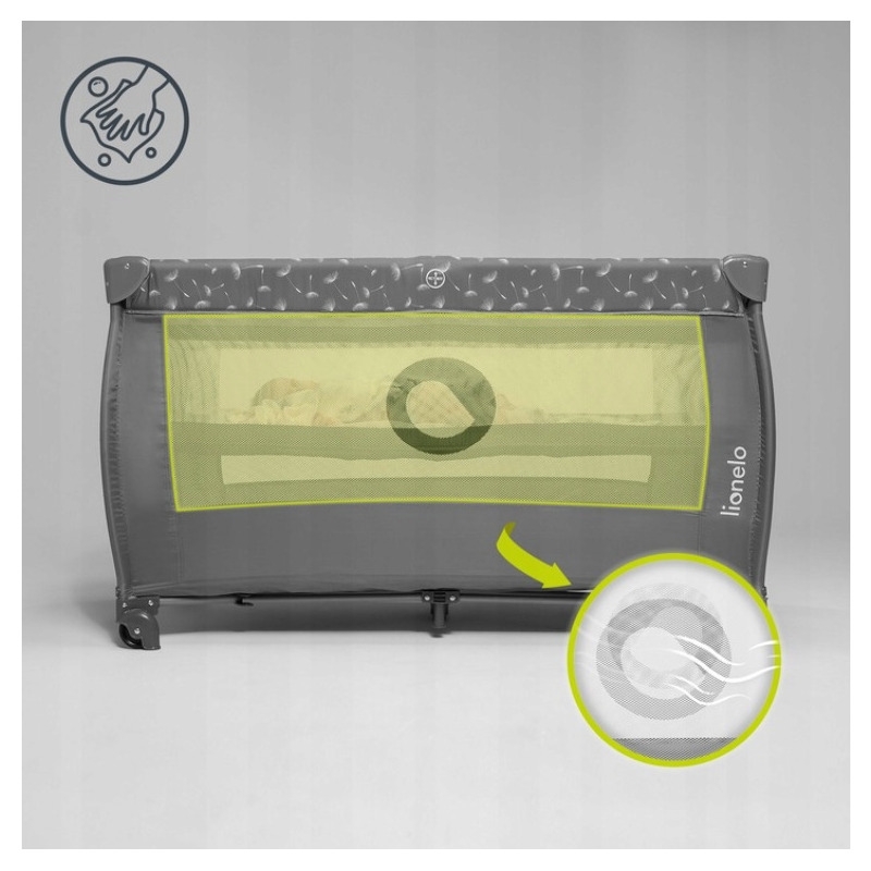 Lionelo - Patut pliant cu doua nivele, Stefi Plus, Cu intrare laterala cu fermoar, 2 roti, 120x60 cm, Conform cu standardul european de securitate EN 716, Gri