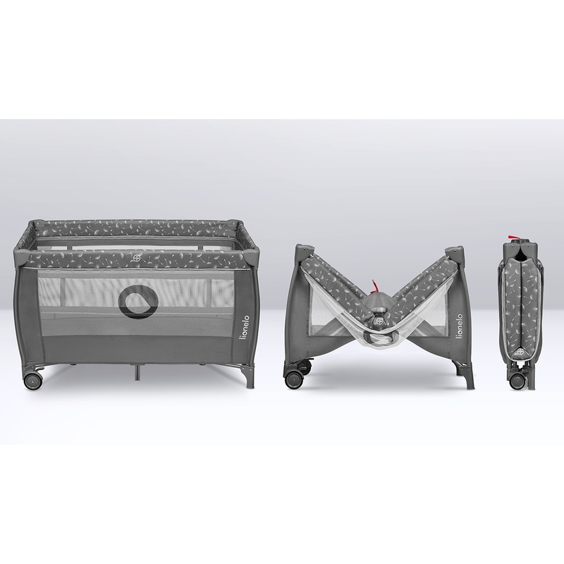 Lionelo - Patut pliant cu doua nivele, Stefi Plus, Cu intrare laterala cu fermoar, 2 roti, 120x60 cm, Conform cu standardul european de securitate EN 716, Gri