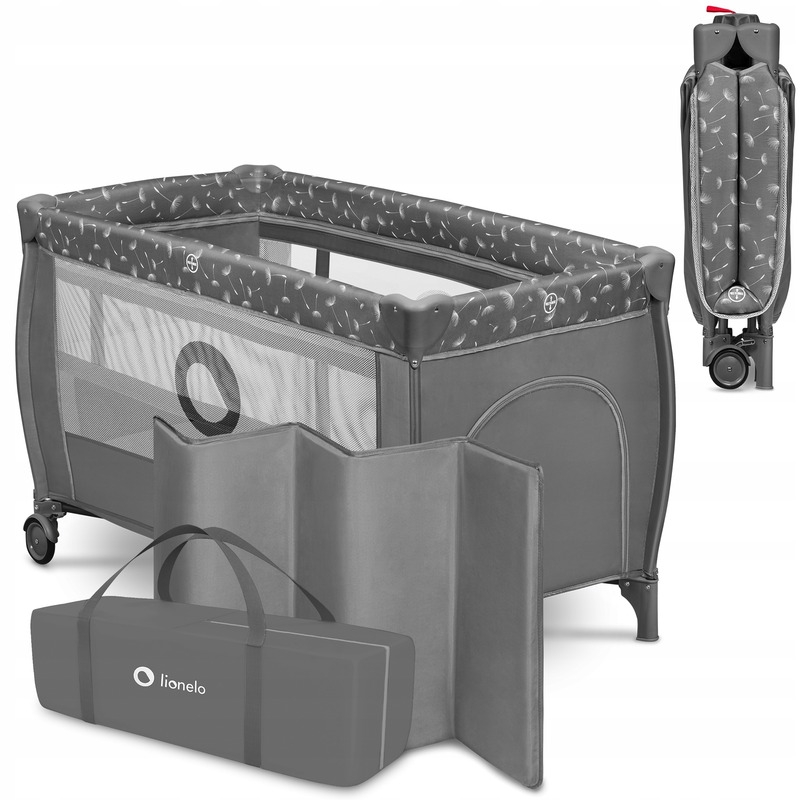 Lionelo - Patut pliant cu doua nivele, Stefi Plus, Cu intrare laterala cu fermoar, 2 roti, 120x60 cm, Conform cu standardul european de securitate EN 716, Gri