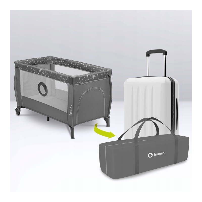 Lionelo - Patut pliant cu doua nivele, Stefi Plus, Cu intrare laterala cu fermoar, 2 roti, 120x60 cm, Conform cu standardul european de securitate EN 716, Gri