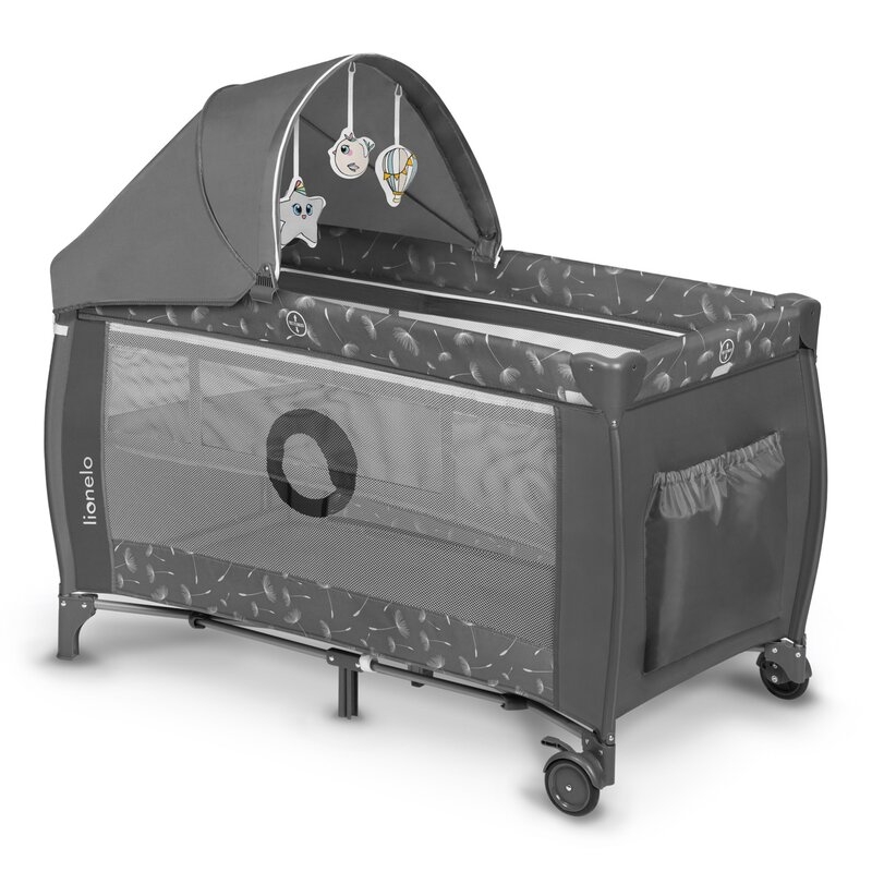 Lionelo - Patut pliant cu doua nivele Sven Plus, 120x60 cm, arcada jucarii, masuta de infasat, vibratii, melodii, conform cu standardele europeane de securitate EN716 si EN12221, Grey