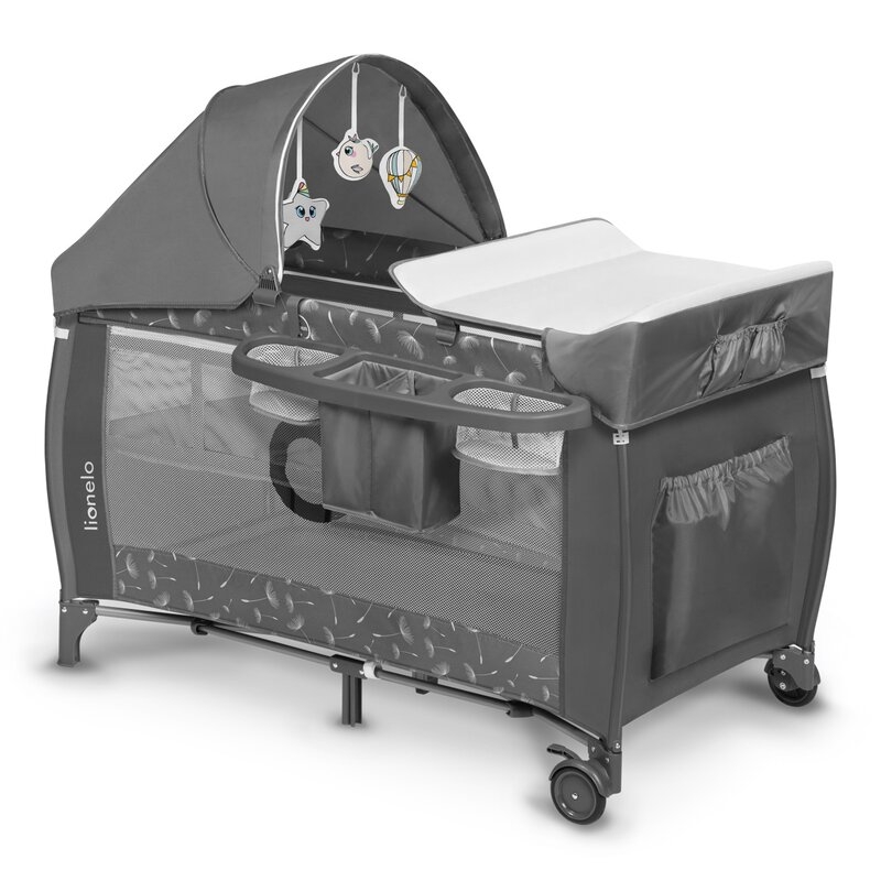 Lionelo - Patut pliant cu doua nivele Sven Plus, 120x60 cm, arcada jucarii, masuta de infasat, vibratii, melodii, conform cu standardele europeane de securitate EN716 si EN12221, Grey