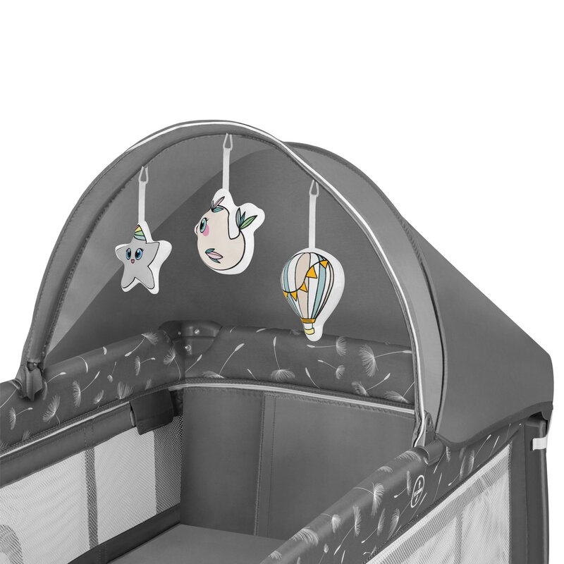 Lionelo - Patut pliant cu doua nivele Sven Plus, 120x60 cm, arcada jucarii, masuta de infasat, vibratii, melodii, conform cu standardele europeane de securitate EN716 si EN12221, Grey