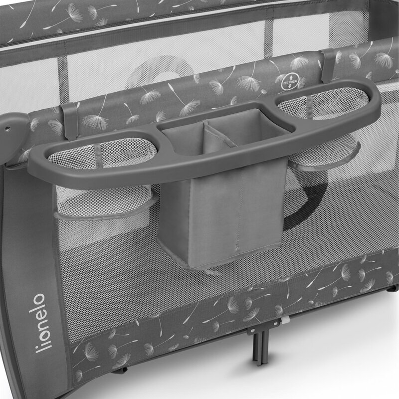 Lionelo - Patut pliant cu doua nivele Sven Plus, 120x60 cm, arcada jucarii, masuta de infasat, vibratii, melodii, conform cu standardele europeane de securitate EN716 si EN12221, Grey