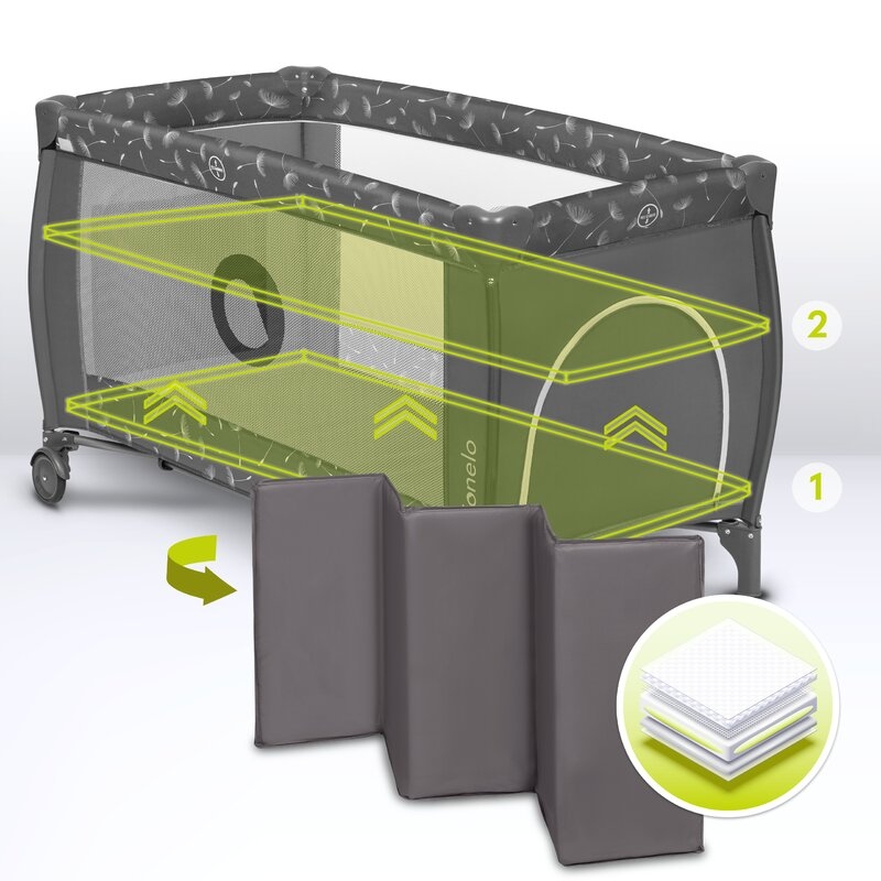 Lionelo - Patut pliant cu doua nivele Sven Plus, 120x60 cm, arcada jucarii, masuta de infasat, vibratii, melodii, conform cu standardele europeane de securitate EN716 si EN12221, Grey