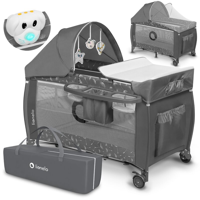 Lionelo - Patut pliant cu doua nivele Sven Plus, 120x60 cm, arcada jucarii, masuta de infasat, vibratii, melodii, conform cu standardele europeane de securitate EN716 si EN12221, Grey