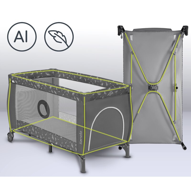 Lionelo - Patut pliant cu doua nivele Sven Plus, 120x60 cm, arcada jucarii, masuta de infasat, vibratii, melodii, conform cu standardele europeane de securitate EN716 si EN12221, Grey