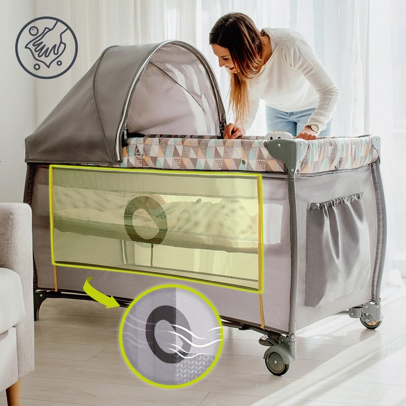 Lionelo - Patut pliant cu doua nivele Sven Plus, 120x60 cm, arcada jucarii, masuta de infasat, vibratii, melodii, conform cu standardele europeane de securitate EN716 si EN12221, Grey