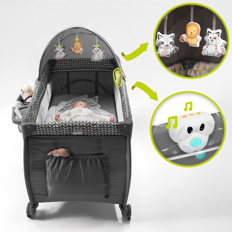 Lionelo - Patut pliant cu doua nivele Sven Plus, 120x60 cm, arcada jucarii, masuta de infasat, vibratii, melodii, conform cu standardele europeane de securitate EN716 si EN12221, Grey