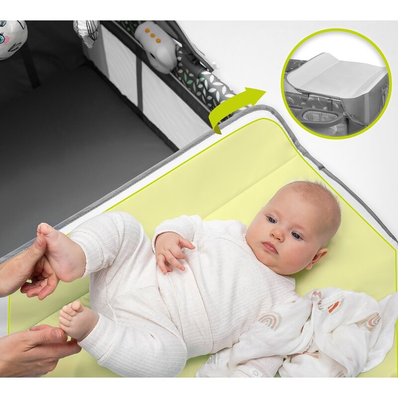 Lionelo - Patut pliant cu doua nivele Sven Plus, 120x60 cm, arcada jucarii, masuta de infasat, vibratii, melodii, conform cu standardele europeane de securitate EN716 si EN12221, Grey