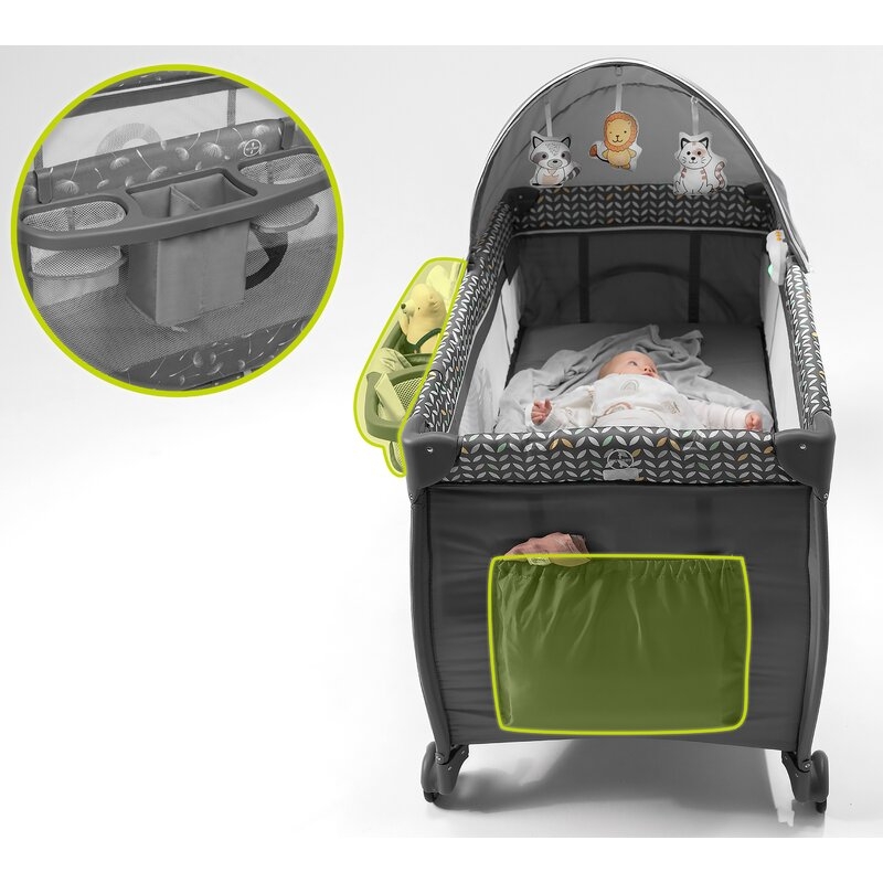 Lionelo - Patut pliant cu doua nivele Sven Plus, 120x60 cm, arcada jucarii, masuta de infasat, vibratii, melodii, conform cu standardele europeane de securitate EN716 si EN12221, Grey