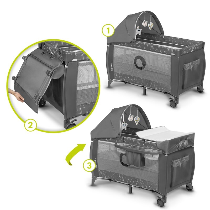 Lionelo - Patut pliant cu doua nivele Sven Plus, 120x60 cm, arcada jucarii, masuta de infasat, vibratii, melodii, conform cu standardele europeane de securitate EN716 si EN12221, Grey