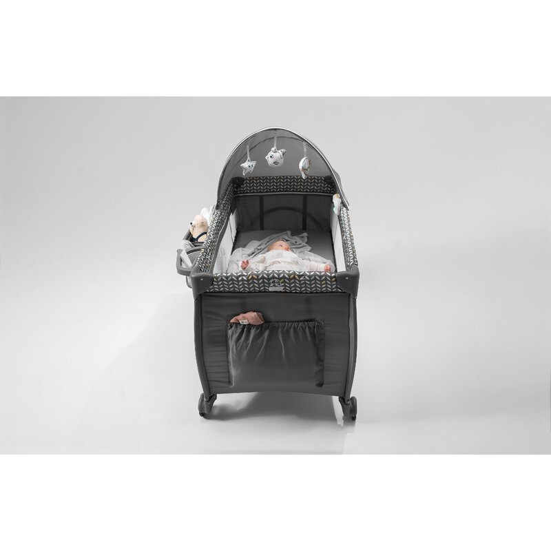 Lionelo - Patut pliant cu doua nivele Sven Plus, 120x60 cm, arcada jucarii, masuta de infasat, vibratii, melodii, conform cu standardele europeane de securitate EN716 si EN12221, Grey