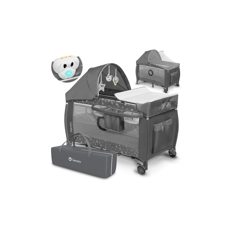 Lionelo - Patut pliant cu doua nivele Sven Plus, 120x60 cm, arcada jucarii, masuta de infasat, vibratii, melodii, conform cu standardele europeane de securitate EN716 si EN12221, Grey