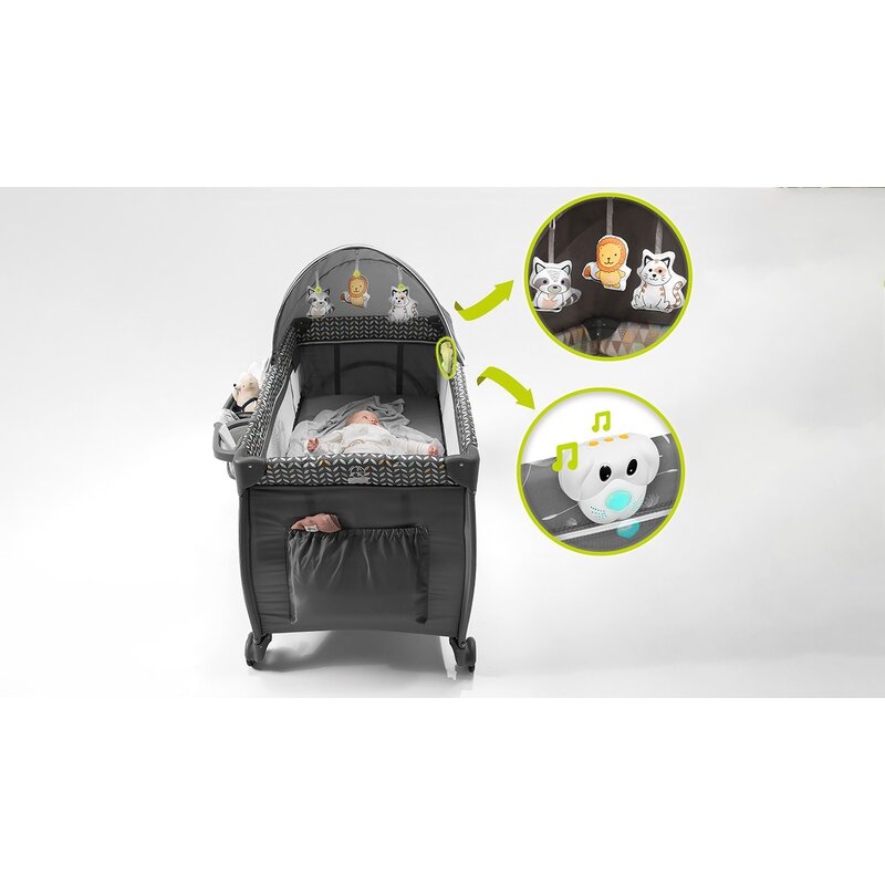 Lionelo - Patut pliant cu doua nivele Sven Plus, 120x60 cm, arcada jucarii, masuta de infasat, vibratii, melodii, conform cu standardele europeane de securitate EN716 si EN12221, Grey
