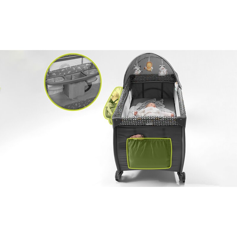 Lionelo - Patut pliant cu doua nivele Sven Plus, 120x60 cm, arcada jucarii, masuta de infasat, vibratii, melodii, conform cu standardele europeane de securitate EN716 si EN12221, Grey