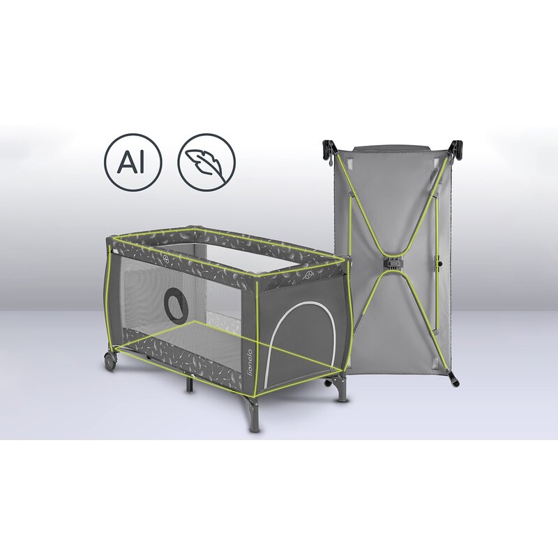 Lionelo - Patut pliant cu doua nivele Sven Plus, 120x60 cm, arcada jucarii, masuta de infasat, vibratii, melodii, conform cu standardele europeane de securitate EN716 si EN12221, Grey