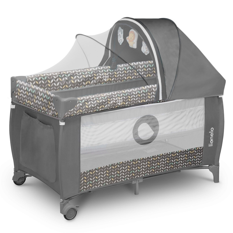 Patut pliant, Lionelo, Sven Plus, 120x60 cm, Cu doua nivele, Cu arcada jucarii, masuta de infasat, vibratii, melodii  conform cu standardele europeane de securitate EN716 si EN12221, Grey Scandi