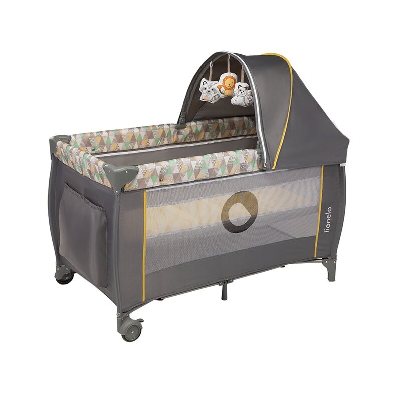 Lionelo - Patut pliant cu doua nivele Sven Plus, 120x60 cm, arcada jucarii, masuta de infasat, vibratii, melodii, Yellow Scandi