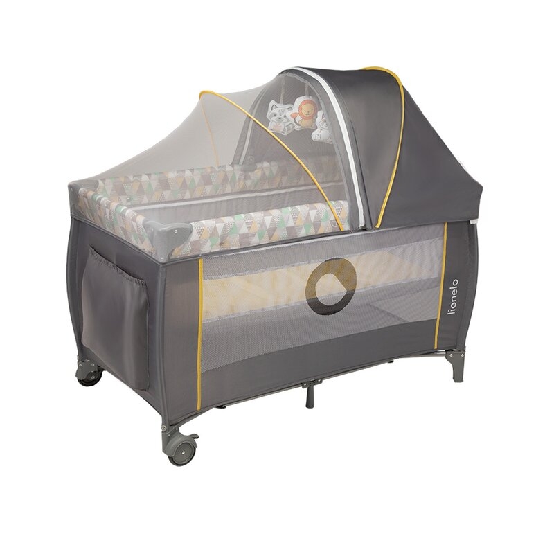 Lionelo - Patut pliant cu doua nivele Sven Plus, 120x60 cm, arcada jucarii, masuta de infasat, vibratii, melodii, Yellow Scandi
