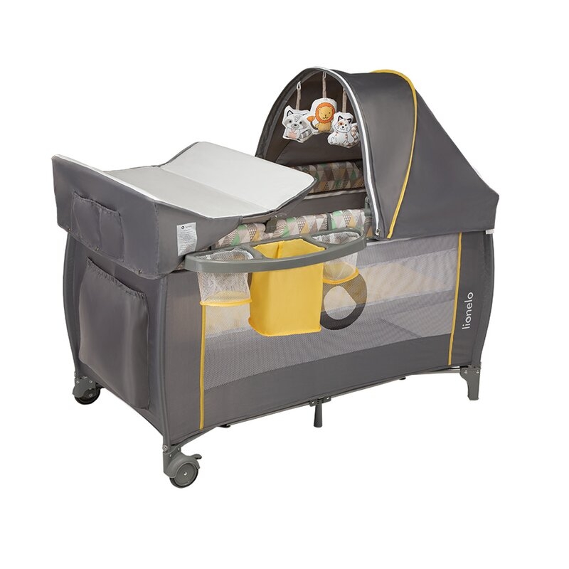 Lionelo - Patut pliant cu doua nivele Sven Plus, 120x60 cm, arcada jucarii, masuta de infasat, vibratii, melodii, Yellow Scandi