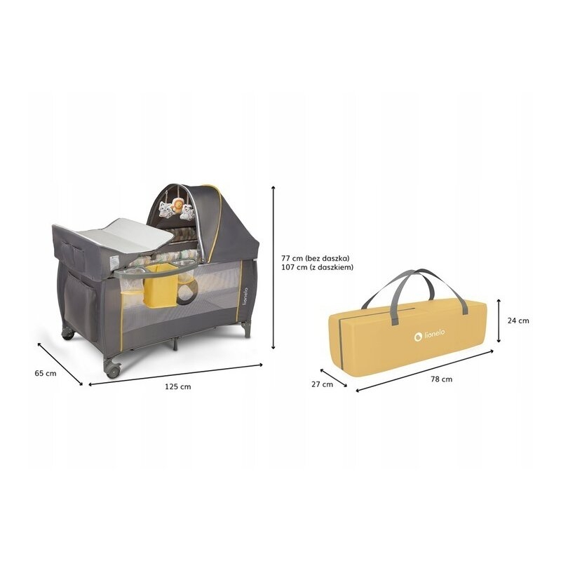 Lionelo - Patut pliant cu doua nivele Sven Plus, 120x60 cm, arcada jucarii, masuta de infasat, vibratii, melodii, Yellow Scandi