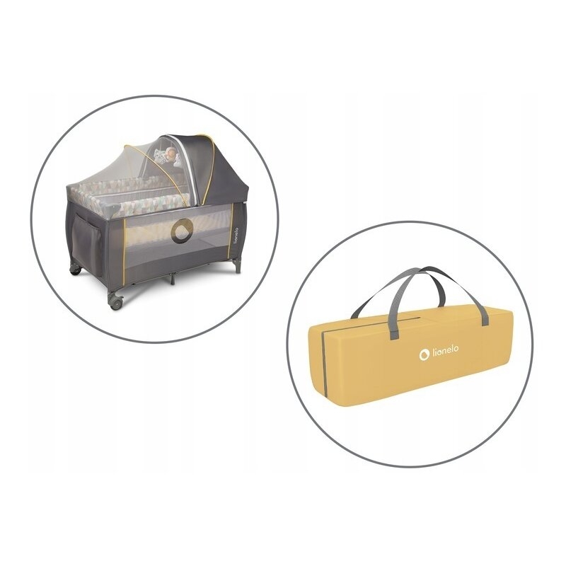 Lionelo - Patut pliant cu doua nivele Sven Plus, 120x60 cm, arcada jucarii, masuta de infasat, vibratii, melodii, Yellow Scandi