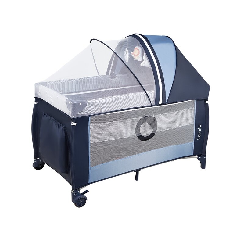 Lionelo - Patut pliant cu doua nivele Sven Plus, 120x60 cm, arcada jucarii, masuta de infasat, vibratii, melodii, Blue Navy