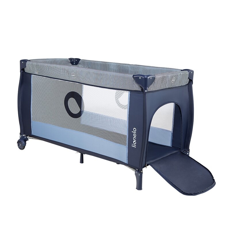 Lionelo - Patut pliant cu doua nivele Sven Plus, 120x60 cm, arcada jucarii, masuta de infasat, vibratii, melodii, Blue Navy