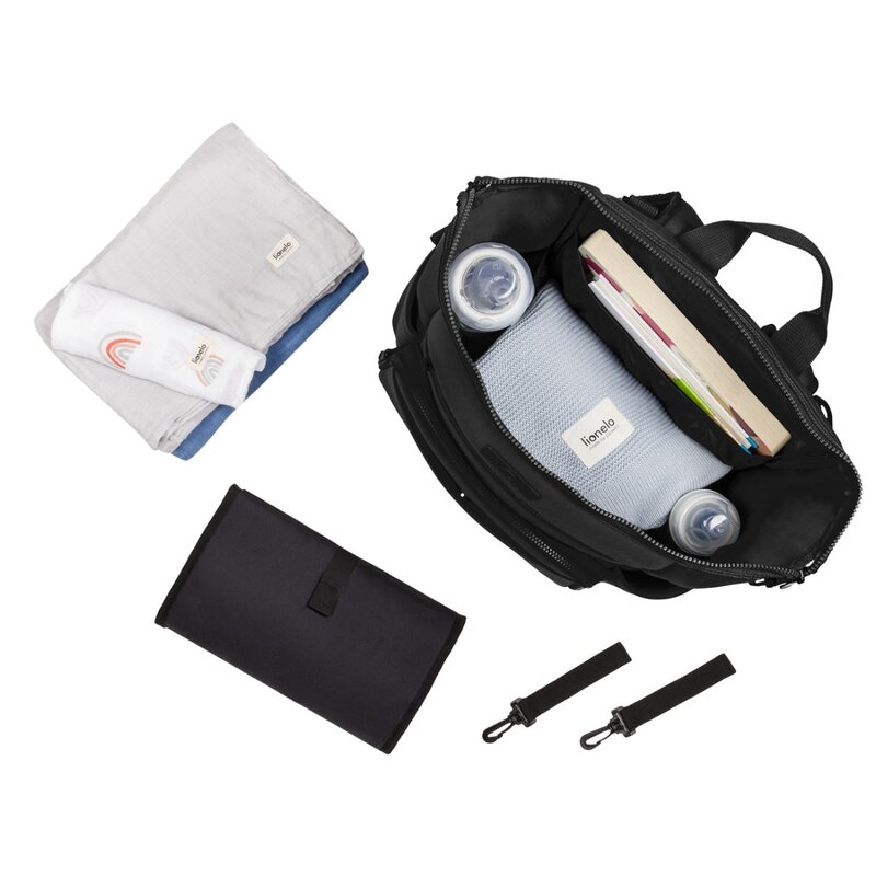 Lionelo - Rucsac pentru mamici, Cu 12 compartimente si salteluta de schimbat, Cu prindere universala de carucior, Impermeabila, 36 x 36 x 23 cm, Negru