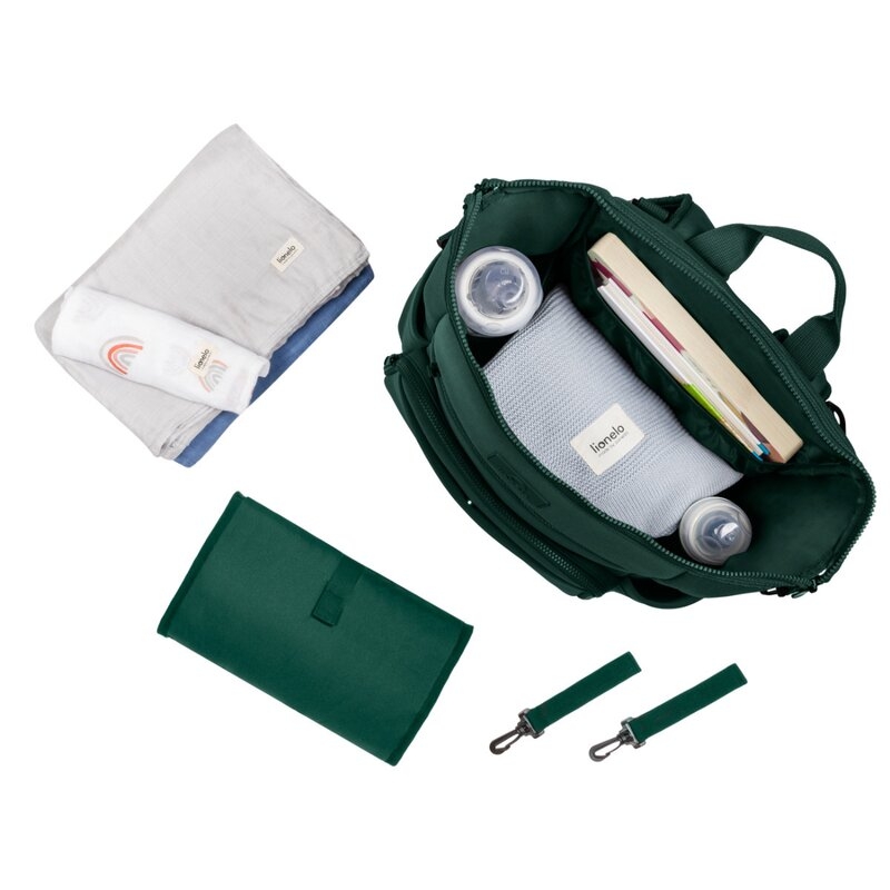 Lionelo - Rucsac pentru mamici, Cu 12 compartimente si salteluta de schimbat, Cu prindere universala de carucior, Impermeabila, 36 x 36 x 23 cm, Verde
