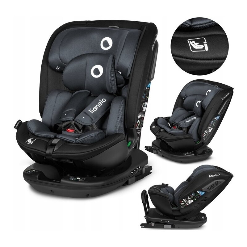 Lionelo - Scaun auto Bastiaan RWF i-Size, Pozitie de somn, Protectie laterala, Rotire 360 grade, 0-36 Kg, Cu Isofix si Centura Top Tether, Conform cu standardul european de securitate ECE R129, Gri